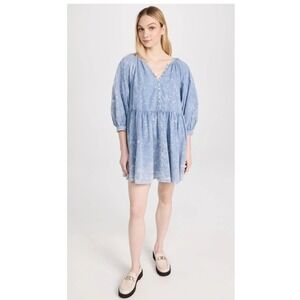 The Great. The Coast Walk Mini Dress in Hand Dyed Mottled‎ Wash Light Blue Puff